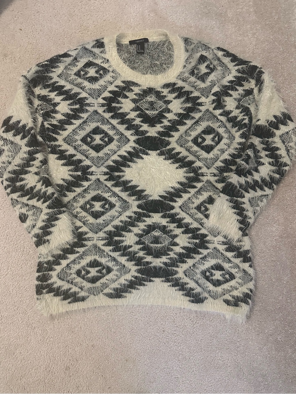Forever 21 Cream & Black Aztec Fuzzy Crewneck Sweater